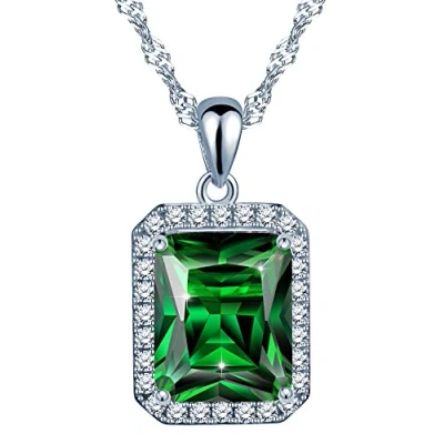 Image of Yumilok Jewelry 925 Sterling Silver Cubic Zirconia Simulated Emerald Elegant Square Pendant Necklace for Women/Girls, Green