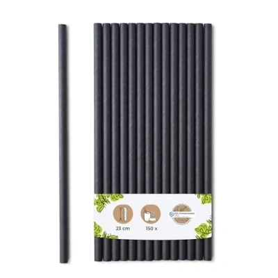 Image of BIOZOYG Jumbo Paper Drinking Straws 23cm Straw 8mm Ø I Biodegradable Black Environmentally Friendly Party for Smoothies 150 Pieces