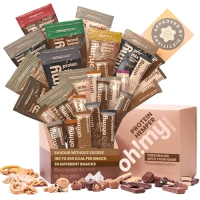 Image of Oh!mysnacks Protein Hamper Snack Gift Box of High Low Calorie Snacks Healthy for Adults Selection in a Luxury (30 Snacks)