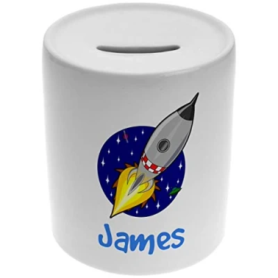 Image of Go Find A Gift Personalised Boys Rocket Ship Ceramic Money Box Piggy Bank for Newborn, Baby or Child