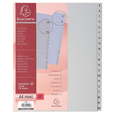 Image of Exacompta Ref 1920E PP Printed Indices For Use With A4+ Documents, 0.1mm Polypropylene, Pre Punched, Soft &amp; Tear Resistant 20 Divider Parts (A Z) Grey