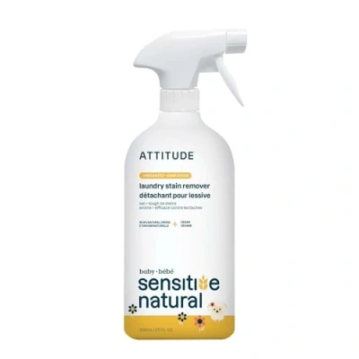 Image of ATTITUDE Laundry Stain Remover for Baby Clothes, Plant and Mineral Based Ingredients, Vegan Products, Sensitive Skin, Unscented, 800 mL