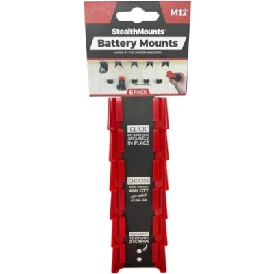 Image of StealthMounts Battery Holder Compatible with Milwaukee M12 (6 Pack) Red Mounts Made in the UK