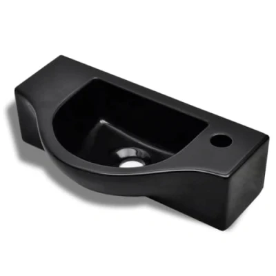 Image of vidaXL Stylish Ceramic Bathroom Sink Basin, High Gloss Black Finish, Wall Mounted Design, Modern Elegance with Faucet Hole