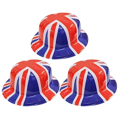 Image of I LOVE FANCY DRESS Union Jack Bowler Hat British Flag Plastic Hats VE Day, King&#039;s Coronation, Queens Jubilee, Britain Celebrations Pack of 3