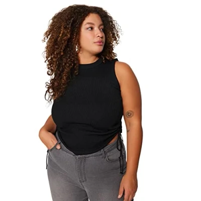 Image of Trendyol Women&#039;s Woman Fitted Bodycon Crew Neck Knitwear Plus Size Blouse Shirt, Black, 4XL