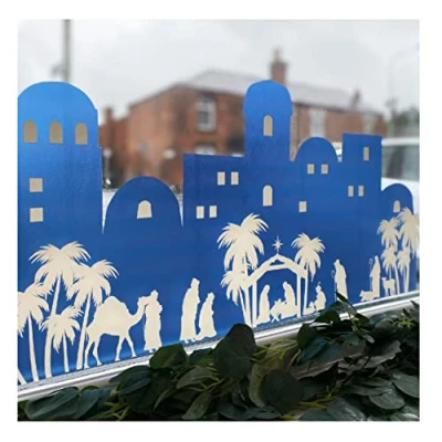 Image of Dizzy Duck Christmas Window Decal Nativity Village Scene Blue Reusable Cling