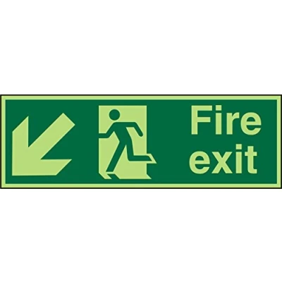 Image of Seco Fire Exit Arrow Pointing Down &amp; Left, Man Running Sign, 450mm x 150mm Photoluminescent Self Adhesive Vinyl