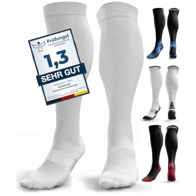 Image of aZengear Compression Socks (20 30mmHg) Anti DVT Air Flying Knee High Flight Travel Stockings, Swollen Legs, Varicose Veins, Running, Shin Splints Calf Pressure Support, Sports (White, L/XL)