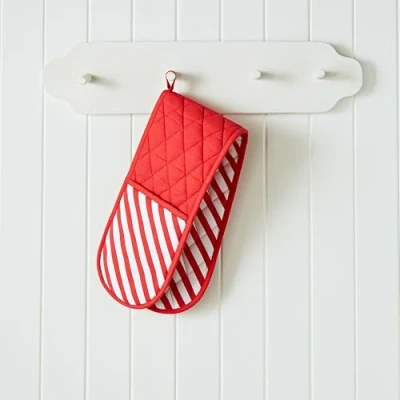 Image of Catherine Lansfield Christmas Candy Cane Cotton Kitchen Double Oven Glove White Red