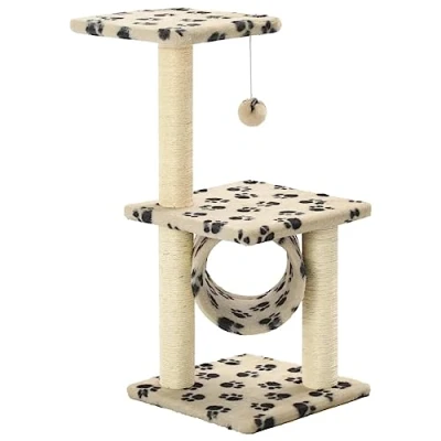 Image of ** vidaXL Cat Tree 65 cm Beige Sisal Scratching Posts with Platforms, Hanging Toy, Perch, and Cozy Plush Surface Kitty Play Centre