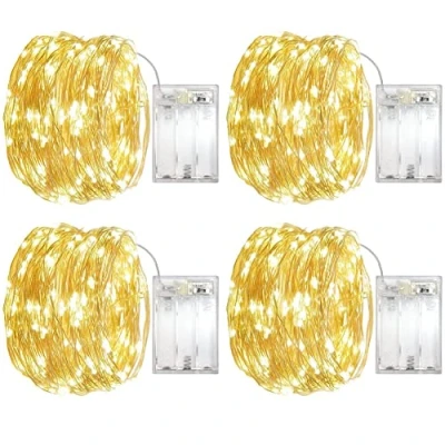 Image of OEMG Pack of 4 Warm White Copper Wire Light Battery Operated with Twinkle Modes, 5m 50 LED Fairy 3*AA (20m Total), String for Christmas, Indoor