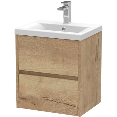 Image of Hudson Reed HAV802A Havana Modern Bathroom Wall Hung 2 Drawer Vanity Basin Unit &amp; Mid Edge Ceramic Basin, 500mm, Woodgrain Autumn Oak