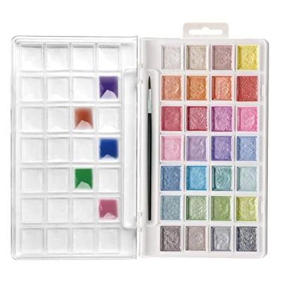 Image of Artecho watercolor Semi Moise Paint Set, 28 Metallic Colors Cake Set with Classic Brush, Pearlescent Idea for Kids and Adults