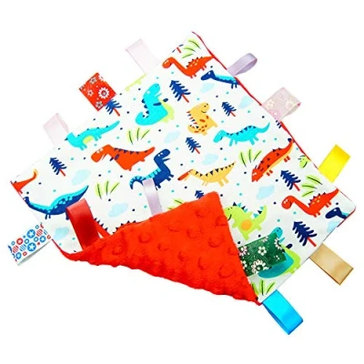 Image of G Tree Baby Comfort Blanket with Tag, Taggy Security Multi Coloured Dinosaurs Tag Red Textured Underside