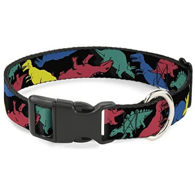 Image of Buckle Down Plastic Clip Collar Dinosaurs Black/Multi Color 1.5&quot; Wide Fits 18 32&quot; Neck Large