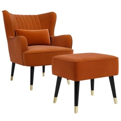 Image of Vesgantti Velvet Accent Chair with Footstool and Lumbar Pillow, Modern Wing Back Armchair Ottoman, Large Occasional for Living Room Bedroom Study Office(Orange)