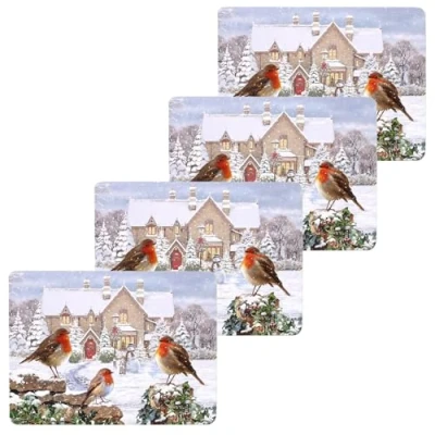 Image of Christmas Tableware Corked Back Set of Beautifully Coloured Robin Family Design Placemats or Coasters (4 7306)