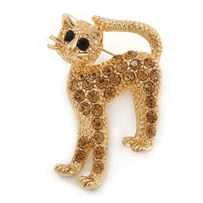 Image of Adorable Light Topaz Crystal Cat Brooch in Gold Tone Metal 40mm L