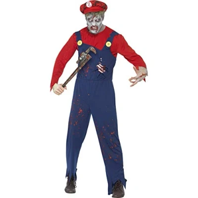 Image of Smiffys Zombie Plumber Costume, Red &amp; Blue with Top, Dungarees Latex Ribcage Hat, Halloween Alley Fancy Dress, Dress Up Costumes