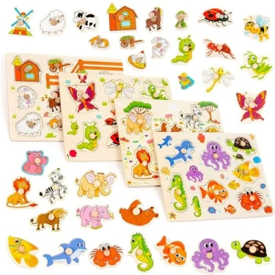 Image of THE TWIDDLERS 4 Bright Wooden Puzzles for Kids, Childrens Animal Peg Board, Perfect Jigsaw Birthdays, School Early Education, Christmas Stocking Fillers, 3 Year Olds