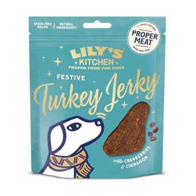 Image of Lily’s Kitchen with Natural Ingredients Adult Dog Treats Packet Festive Turkey Jerky Grain Free Recipe 8x70g