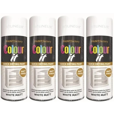 Image of HitlineUK 4 x SPRAY PAINT WHITE 400ML COLOUR IT MATT FINISH DECORATE WOOD METAL PLASTIC INTERIOR/EXTERIOR