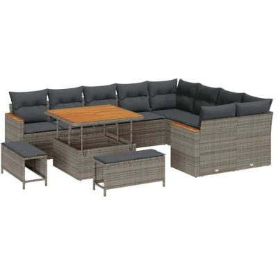 Image of vidaXL 12 Piece Garden Sofa Set with Cushions Grey Poly Rattan Acacia