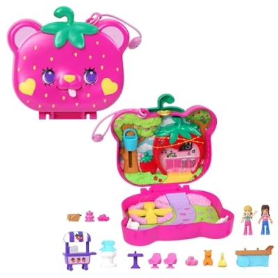 Image of Polly Pocket Dolls and Playset, Travel Toy with Fidget Exterior, Straw beary Patch Compact 2 Micro 12 Accessories, HRD35