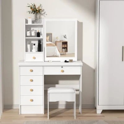Image of cadciehe Vanity Desk with Sliding Mirror and Lights, Bedroom Dressing Table, Makeup Table Drawers &amp; Shelves, Hidden Storage Space ﻿ (White1)