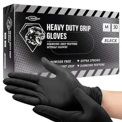 Image of JFA Medical Disposable Heavy Duty Mechanic Powder Free Latex Black Diamond Grip Nitrile Gloves Box of 50 (Medium)