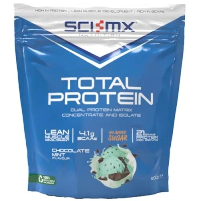 Image of SCI MX Total Protein Dual Concentrate &amp; Isolate Powder Lean Muscle Development Chocolate Mint No Added Sugar 4.2g BCAAs + 21g per Serving 900g