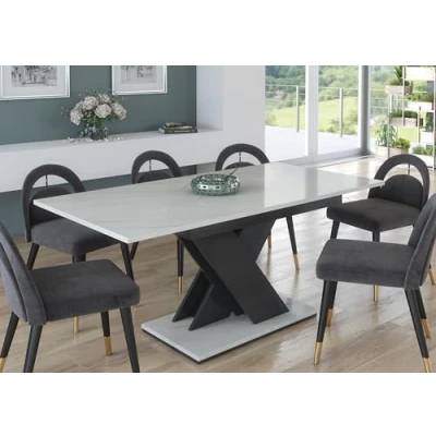 Image of Furneo Modern Dining Table Only Extendable 120 160cm White Marble Effect Tavolo01 MDF