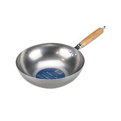 Image of Carbon Steel Wok with Wooden Handle Flat Base 12/30cm Large Deep Stir Fry Pan Chinese Cooking Traditional Heavy Pow Bottom,