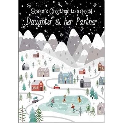 Image of doodlecards Daughter and Partner Christmas Card Mountain Scene In Snowy Village Medium Size for &amp; with Plain Envelope