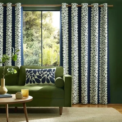 Image of Orla Kiely Sycamore Stripe Space Blue Lined Eyelet Curtains (229cm x 229cm (90&quot; 90&quot;))