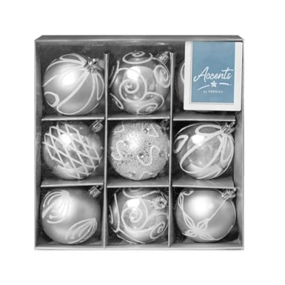 Image of Christmas Shatterproof Baubles 9 Pack 60mm Tree Decoration glitter, matte, and shiny (Silver 6211)