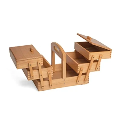 Image of Hobbygift GB8450 Cantilever 3 Tier Sewing Box Light, Wood, Mid Shade Wooden, (LxHxD) 31 x 25.2 23 cm