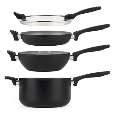 Image of Salter BW10233 Stackable 4 Piece Pan Set, Space Saving, Pouring Lip, All Hob Types Including Induction, Non Stick, Little to No Oil, Universal Glass Lid, Soft Touch Handle, Easy Clean, Grey, Black