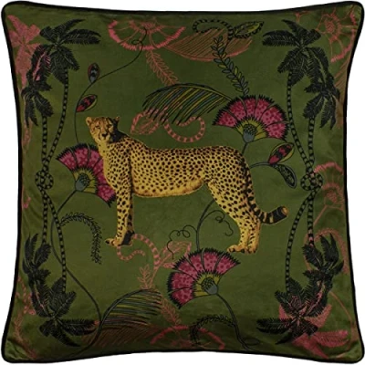 Image of Paoletti Tropica Cheetah Cushion Cover, Velvet, Khaki, 45 x 45cm