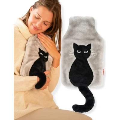Image of soxo Plush Hot Water Bottle Cover Hand Warmer Neck Period Back Pain Relief Kids Bottles Cat Tail