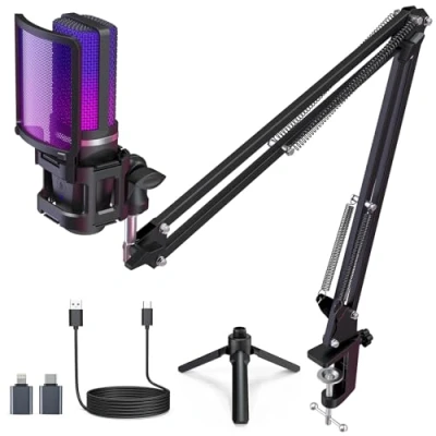 Image of ZealSound USB Microphone Kit, Cardioid RGB Gaming Mic for iPhone/PC/PS5, with Mute/Gain/Monitor Jack/2 Stands (Tripod Stand &amp; Scissor Boom Arm), Streaming, Podcast Switch YouTuber on Mac Windows