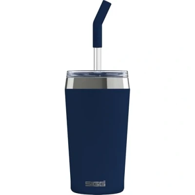 Image of SIGG Insulated Coffee Cup Travel Mug Helia Night Ink With Durable Glass Straw &amp; Cleaning Brush Leakproof BPA Free 18/8 Stainless Steel Dark Blue 0.45L