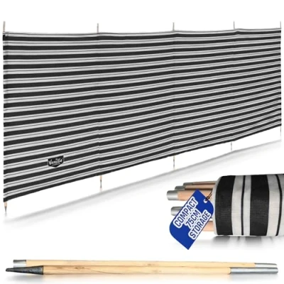 Image of Vanilla LEISURE.CO.UK Non woven Windbreak 7 Pole L520xH123 For Camping, Beach, Caravan &amp; Garden Heavy Duty with Metal Tipped Ends Extra Stability a 6mm beading sewn onto both sides.