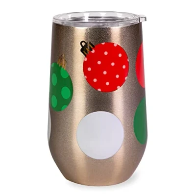 Image of Kate Spade New York Insulated Stainless Steel Wine Tumbler, 12 Ounce Double Wall Travel Cup with Lid, Christmas Bulbs