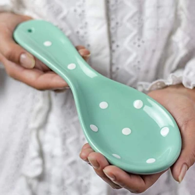 Image of City to Cottage Spoon Rest for Stove Top, Large Ceramic Holder Kitchen Counter, Cooking Utensil Countertop, Handcrafted Turquoise Blue Polka Dot Ladle, Spatula, Tong