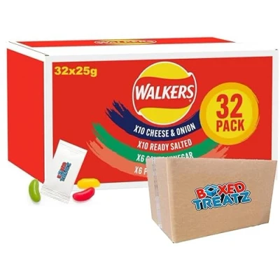 Image of Walkers Classic Variety Multipack Crisps 32X25g Contains 4 Flavours Cheese And Onion Ready Salted Salt &amp; Vinegar Prawn Cocktail Boxed Treatz