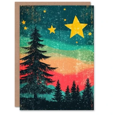 Image of Artery8 Colourful Rainbow Sunset Sky Stars Trees Blank For Him Or Her Art Xmas Festive Christmas Card