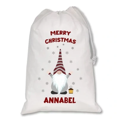 Image of Personalised Christmas Sack Xmas Santa Reindeer White Custom Name Gift Bag for Kids &amp; Adults Festive Large Reusable Holiday Present (Gonk 3)