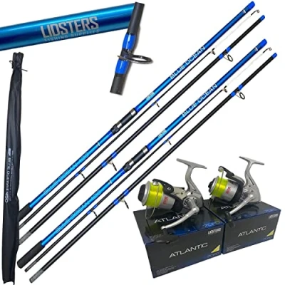 Image of 2 Lidsters 14ft 3pc 4.2m Blue Ocean Sea Fishing rods + Atlantic Reel